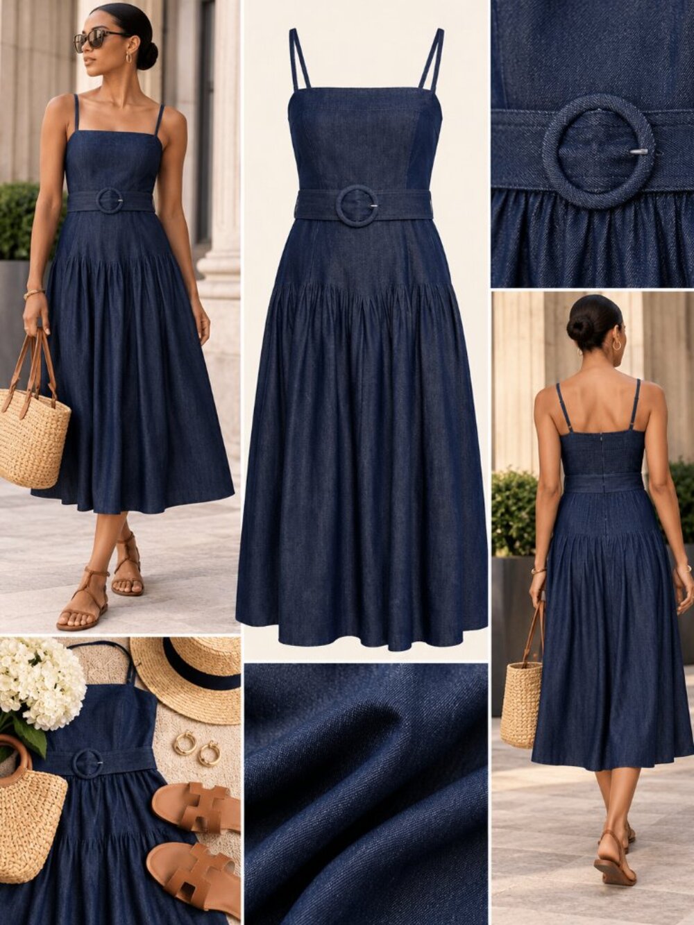 Adrianna Papell Dark Denim Belted Square Neck Midi Sundress Size 8 NWT